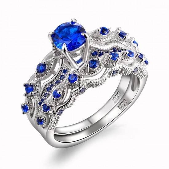 Blue Eternity Sapphire Double Sterling Silver Rings R-55 Blue Eternity Sapphire Double Sterling Silver Rings R-55 |image