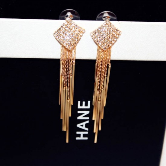 Diamonds Clover Long Chain Gold Tassel Earrings E-64G Diamonds Clover Long Chain Gold Tassel Earrings E-64G