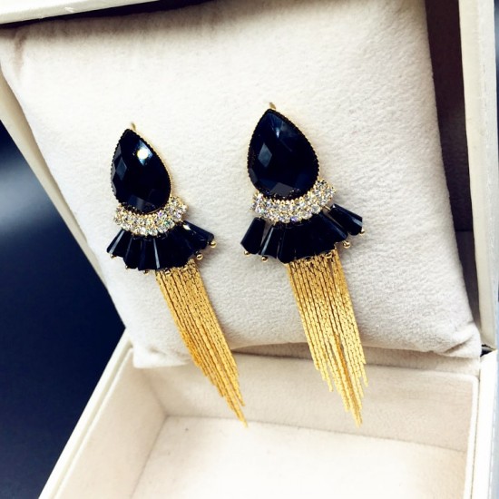 Black Crystal Bohemian Fashion Long Chain Earrings E-69BK