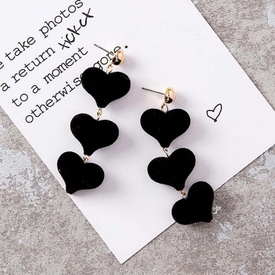 Piercing Dangle Earrings with 3 Linked Velvet Black Love Hearts E-55BK