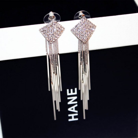 Diamonds Clover Long Chain Silver Tassel Earrings E-64S Diamonds Clover Long Chain Silver Tassel Earrings E-64S