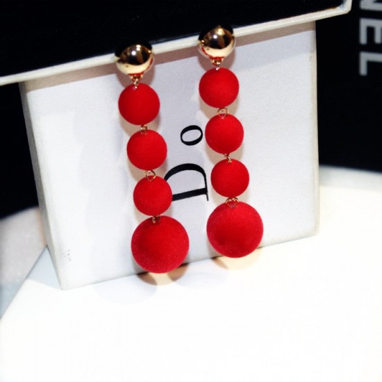 Plush Balls Drop Long Red Color Earrings E-66RD