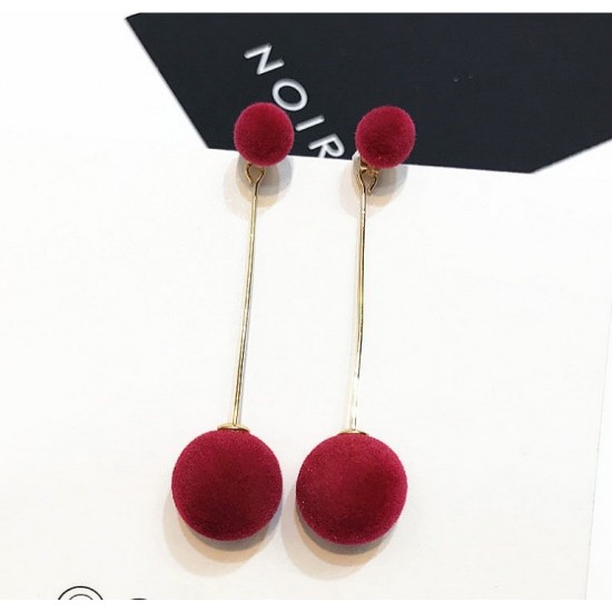 Plush Ball With Gold Chain Red Stud Earrings E-67RD