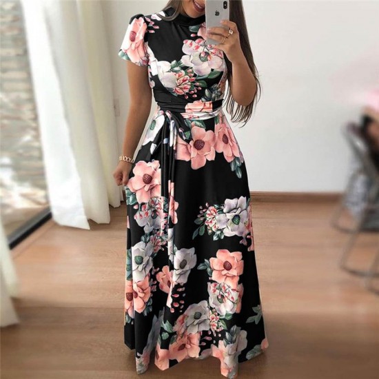 Floral Prints Short Sleeved Black Casual Maxi Dress WC-223BK