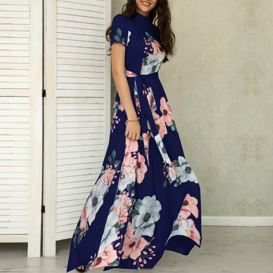 Floral Prints Short Sleeved Blue Casual Maxi Dress WC-223BL