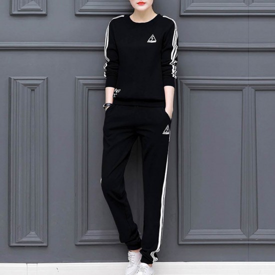 Black With White Contrast Two Piece Sweater Pants Track Suit WH-34BK