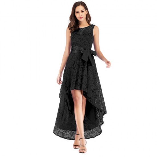 High Low Belted Sleeveless Black Lace dress WC-210BK