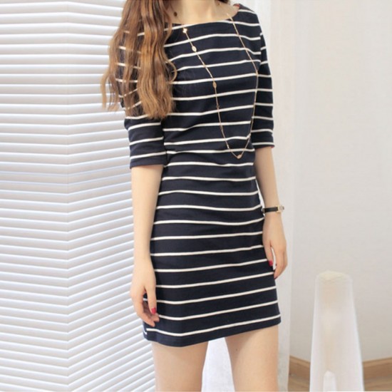 Striped Mid Sleeve Round Neck Black Slim Dresses WC-229BK