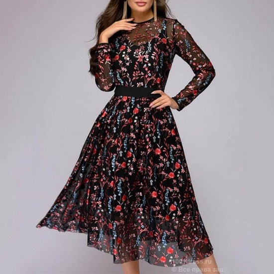 Multi Color Floral Lace Long Sleeve Dress WC-252MC