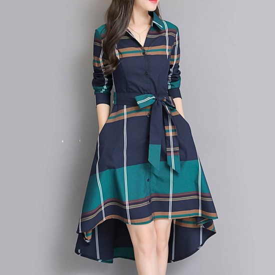 New Plaid Waist Stylish Irregular Long Section Green Dress WC-249GN