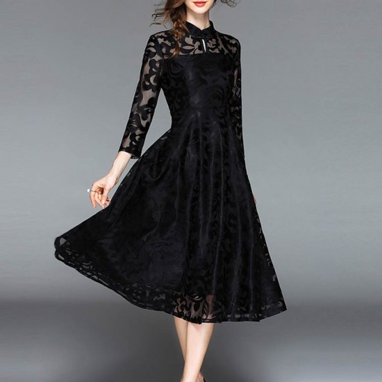 Lace Flare Sleeve Stand Collar A Line Black Midi Dress WC-251BK