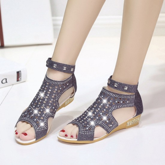 Aurora Low Heel Rhinestones Flat Dark Grey Sandals S-158DG