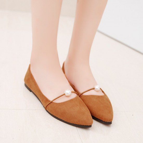 Beads Shallow Mouth Suede Brown Flat Shoes S-142BR