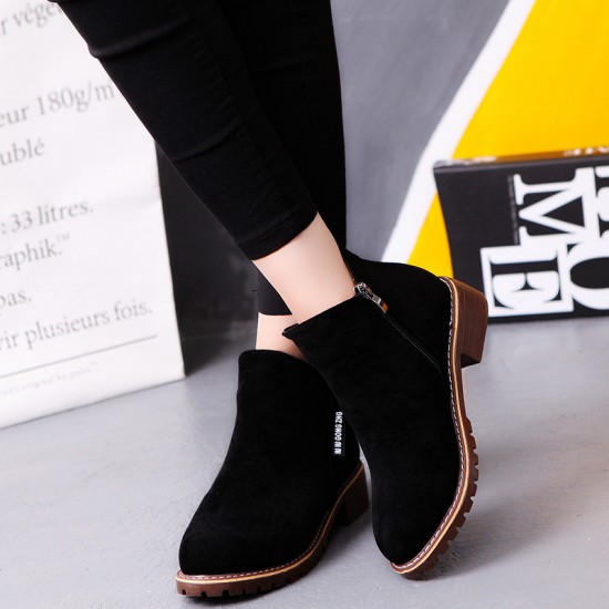Casual Leather Round Head Black Boots S-152BK