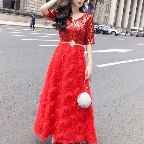 Evening V-Neck Slim Red Long Maxi Dress WC-328RD