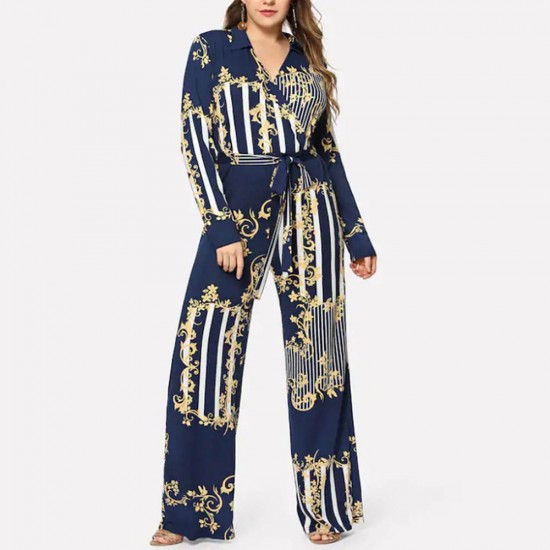 Mixed Print Surplice Wrap Jumpsuit WC-321BL