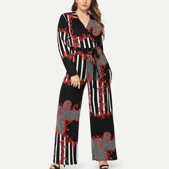 Mixed Print Surplice Wrap Jumpsuit WC-321RD