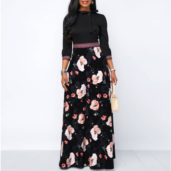 Black Band Waist Tie Neck Floral Maxi Dress WC-334BK Black Band Waist Tie Neck Floral Maxi Dress WC-334BK