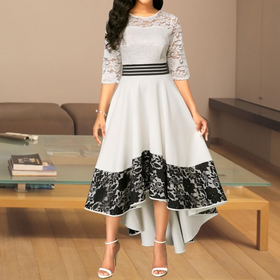 Knee Length Lace Panel White Asymmetric Hem Dress WC-336W