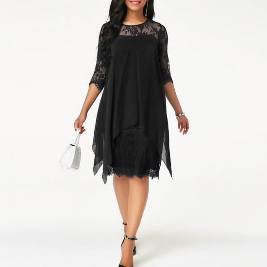 Cross-border Lace Stitching Knee-Length Chiffon Dress WC-337BK