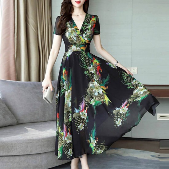Summer New Floral Printed Short Sleeve Maxi Dress WC-354BK