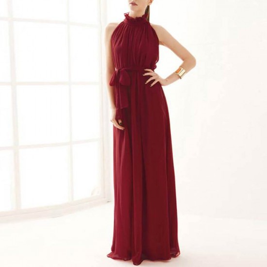 Bohemian Round Neck Maroon Long Dress WC-361RD
