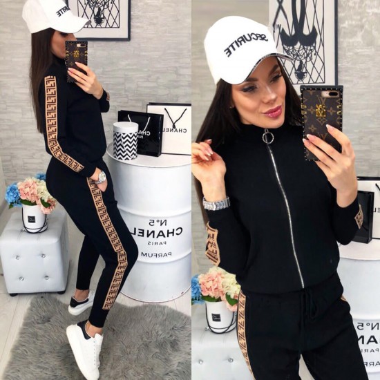 Patchwork Zipper Stripped Black Sports Wear Tracksuit WC-386BK