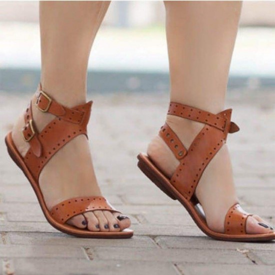 Ankle Strap Open Toe Buckle Flat Women Sandal S-184BK