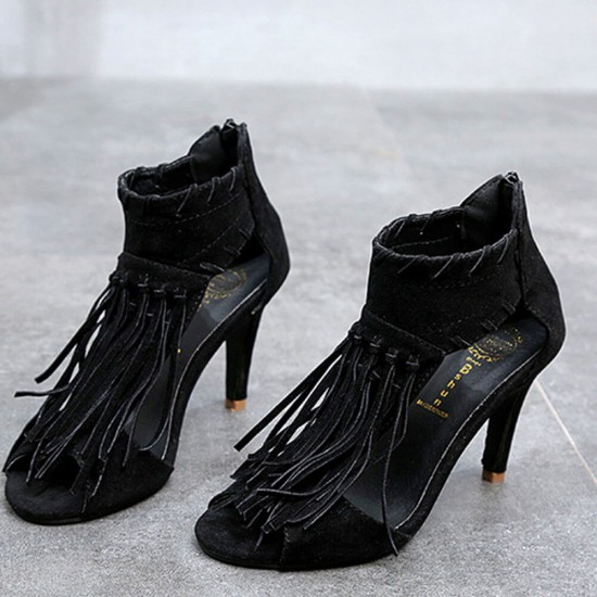 Long Tassel Roman Style High Heel Sandals S-197BK Long Tassel Roman Style High Heel Sandals S-197BK