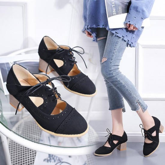 Summer Carved Leather Lace Up Oxfords Shoes For Women S-219BK
