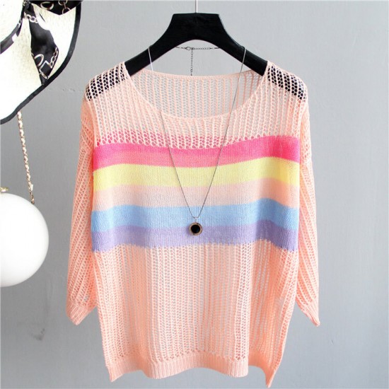 Summer Hollow Sunscreen Loose Blouse Striped Top WC-392OR