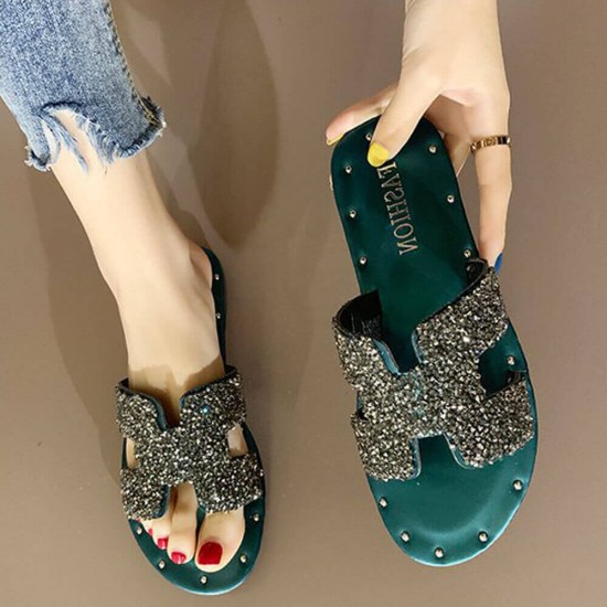 New Rhinestones H Designed Flat Casual Sippers S-205GN New Rhinestones H Designed Flat Casual Sippers S-205GN