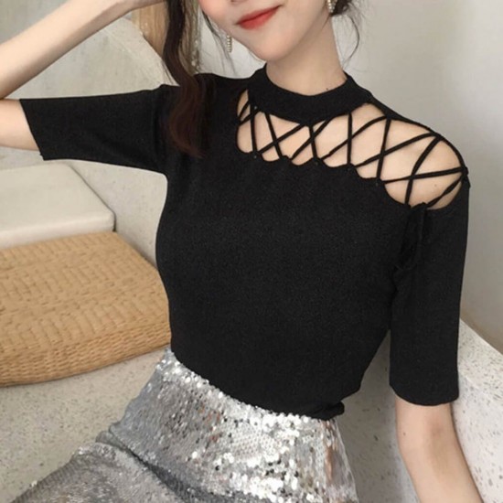 Drawstring Short Sleeves Cotton Casual Shirt WC-422-Black Drawstring Short Sleeves Cotton Casual Shirt WC-422-Black