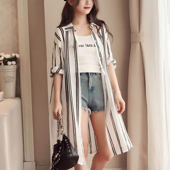 Striped Printed Long Beach Wear Cardigan-Black WC-436BK
