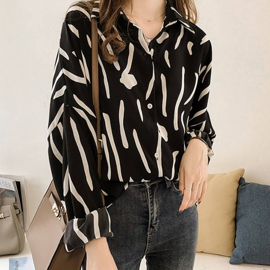 Wind Printed Long Sleeved Loose Collar Shirt-Black Wind Printed Long Sleeved Loose Collar Shirt-Black