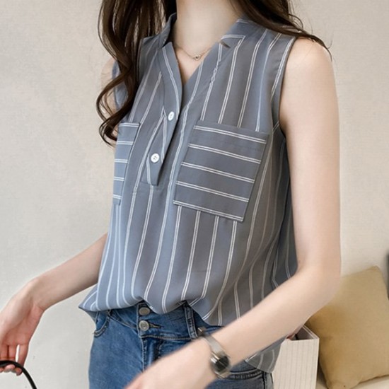 V Neck Stripes Printed Front Pockets Shirt-Blue V Neck Stripes Printed Front Pockets Shirt-Blue