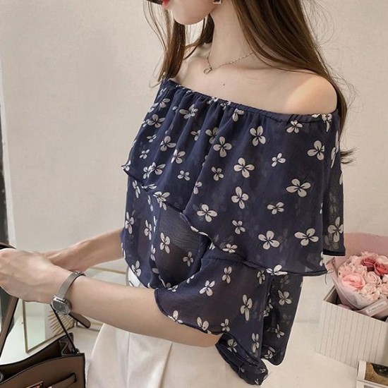 Off Shoulder Floral Printed Ruffled Chiffon Shirt-Blue