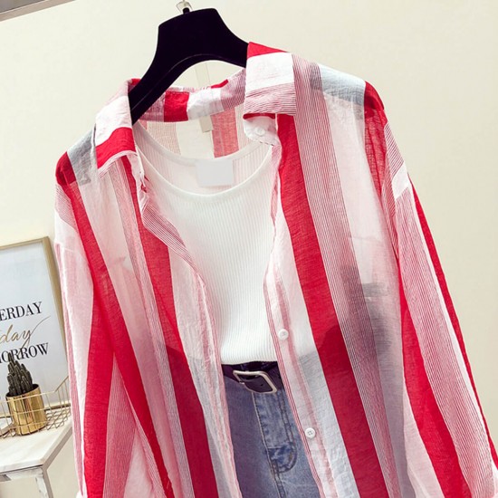 Striped Printed Long Beach Wear Cardigan-Red WC-436RD Striped Printed Long Beach Wear Cardigan-Red WC-436RD | Image