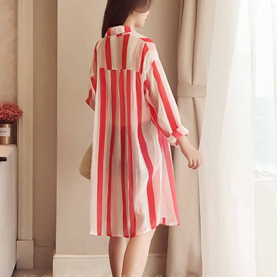 Striped Printed Long Beach Wear Cardigan-Red WC-436RD Striped Printed Long Beach Wear Cardigan-Red WC-436RD | Image