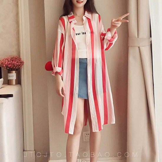 Striped Printed Long Beach Wear Cardigan-Red WC-436RD Striped Printed Long Beach Wear Cardigan-Red WC-436RD | Image