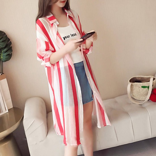 Striped Printed Long Beach Wear Cardigan-Red WC-436RD Striped Printed Long Beach Wear Cardigan-Red WC-436RD | Image