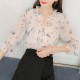Floral Printed Ruffled Tie Collar Quarter Sleeves Shirt- White Floral Printed Ruffled Tie Collar Quarter Sleeves Shirt- White | Image