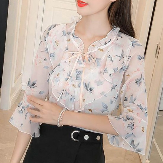 Floral Printed Ruffled Tie Collar Quarter Sleeves Shirt- White Floral Printed Ruffled Tie Collar Quarter Sleeves Shirt- White | Image
