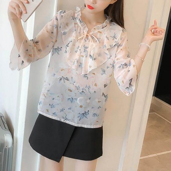 Floral Printed Ruffled Tie Collar Quarter Sleeves Shirt- White Floral Printed Ruffled Tie Collar Quarter Sleeves Shirt- White | Image