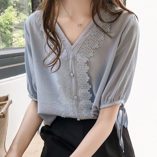 Half Sleeve Lace Patched Buttons Up V-Neck Shirt - Grey