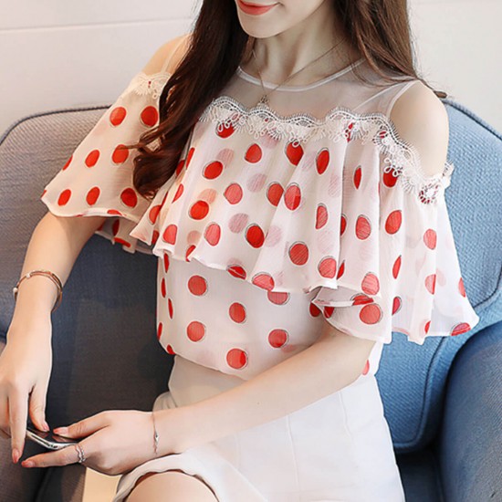 Net Shoulder Short Sleeves Lace Polka Dots Print Shirt-Pink Net Shoulder Short Sleeves Lace Polka Dots Print Shirt-Pink
