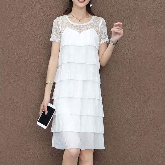 Ruffled Tiered Fairy Short Sleeve Midi Dress WC-396-White