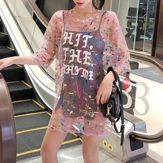 Round Neck Chiffon Two Piece  Transparent Pink Blouse WC-393PK