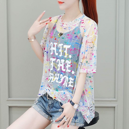 Round Neck Chiffon Two Piece  Transparent White Blouse WC-393W