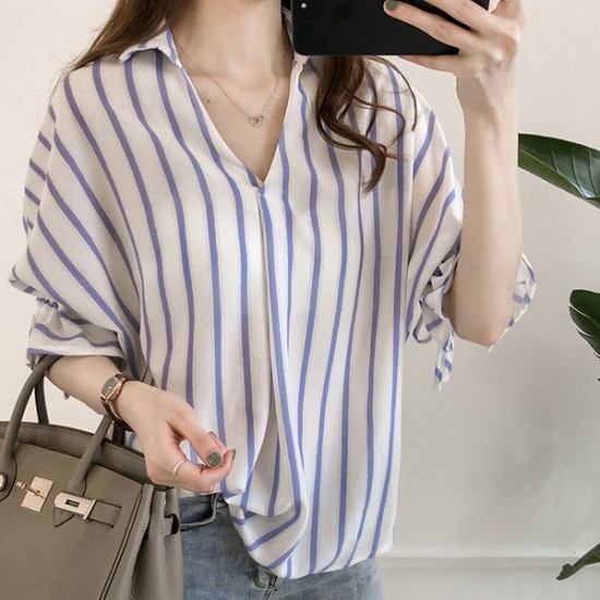 Casual Blue Striped Collar Short Sleeve Blouse-Blue Casual Blue Striped Collar Short Sleeve Blouse-Blue
